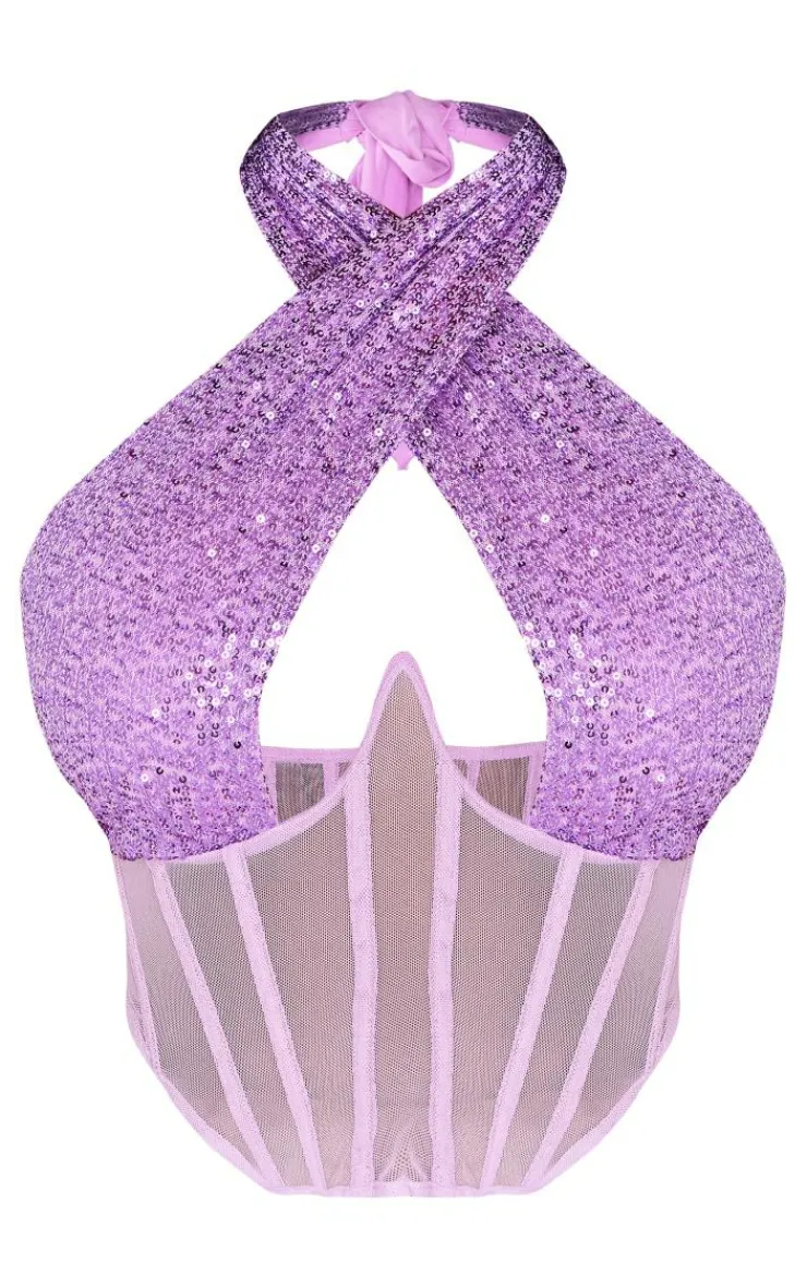 PrettyLittleThing Corsets*Shape Sequin Mesh Insert Wrap Neck Corset