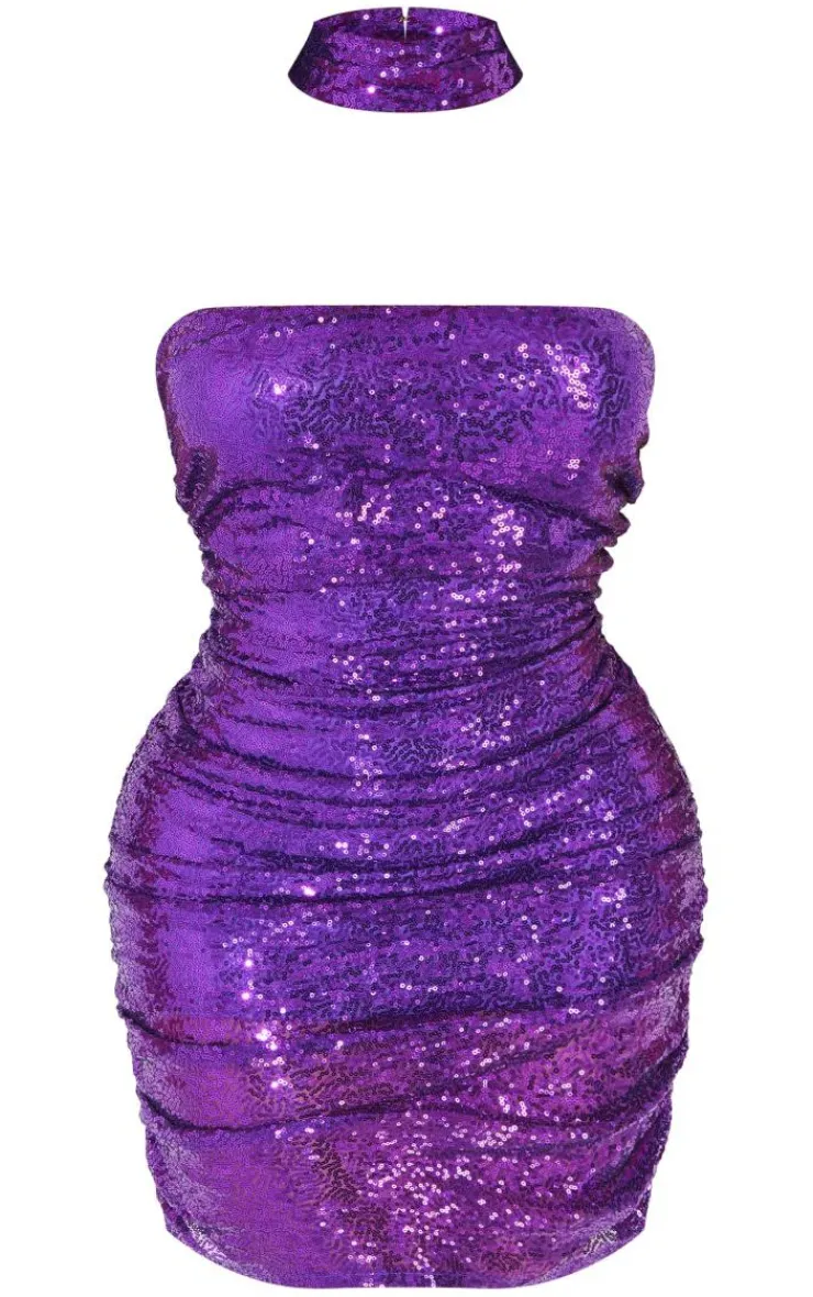 Shape Sequin Ruched Side Bodycon Dress With Choker-PrettyLittleThing Hot