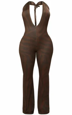 Shape Body Print Slinky Plunge Halterneck Jumpsuit-PrettyLittleThing