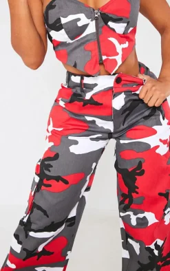 PrettyLittleThing Shape Camo Pocket Detail Wide Leg Pants Red