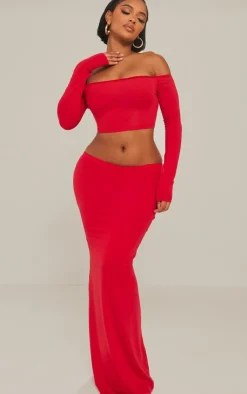 Discount PrettyLittleThing Shape Contour Jersey Low Rise Maxi Skirt Red