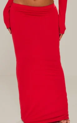 Discount PrettyLittleThing Shape Contour Jersey Low Rise Maxi Skirt Red