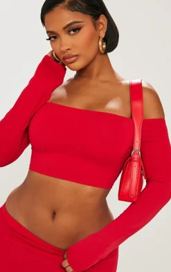 Hot PrettyLittleThing Shape Contour Jersey Bardot Long Sleeve Top Red