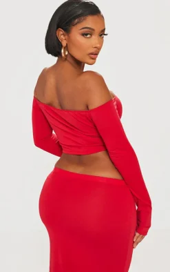 Hot PrettyLittleThing Shape Contour Jersey Bardot Long Sleeve Top Red
