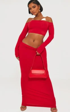 Hot PrettyLittleThing Shape Contour Jersey Bardot Long Sleeve Top Red