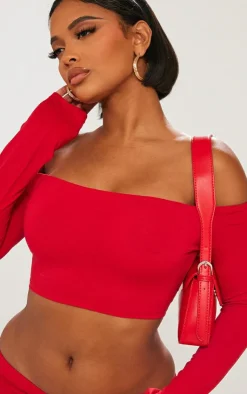 Hot PrettyLittleThing Shape Contour Jersey Bardot Long Sleeve Top Red