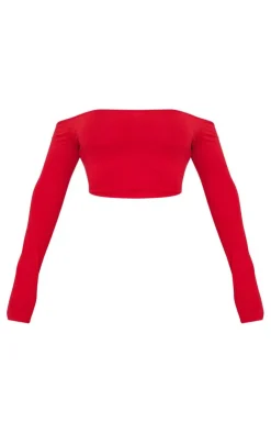 Hot PrettyLittleThing Shape Contour Jersey Bardot Long Sleeve Top Red