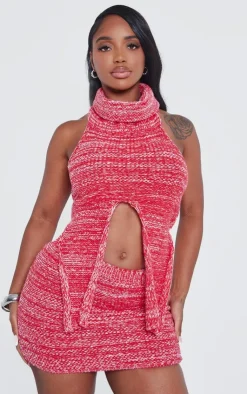 Discount PrettyLittleThing Shape Contrast Knit High Neck Crop Top Red