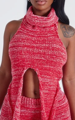 Discount PrettyLittleThing Shape Contrast Knit High Neck Crop Top Red