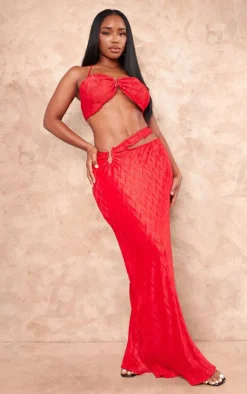 Sale PrettyLittleThing Shape Red Crushed Satin Cut Out Maxi Skirt Bright Red
