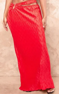 Sale PrettyLittleThing Shape Red Crushed Satin Cut Out Maxi Skirt Bright Red