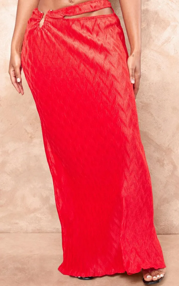 Sale PrettyLittleThing Shape Red Crushed Satin Cut Out Maxi Skirt Bright Red