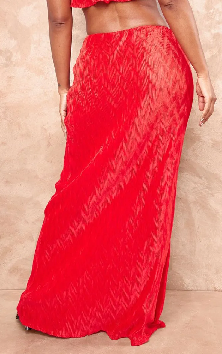 Sale PrettyLittleThing Shape Red Crushed Satin Cut Out Maxi Skirt Bright Red