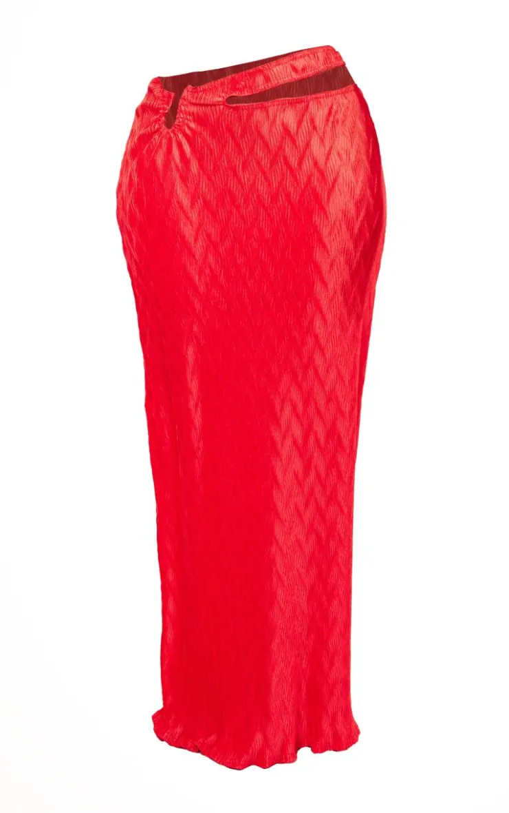 Sale PrettyLittleThing Shape Red Crushed Satin Cut Out Maxi Skirt Bright Red