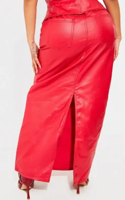 Hot PrettyLittleThing Shape Denim Coated Maxi Skirt Red