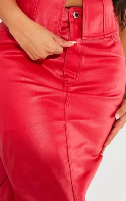 Hot PrettyLittleThing Shape Denim Coated Maxi Skirt Red