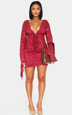 PrettyLittleThing Shape Drape Lace Side Mini Skirt Red