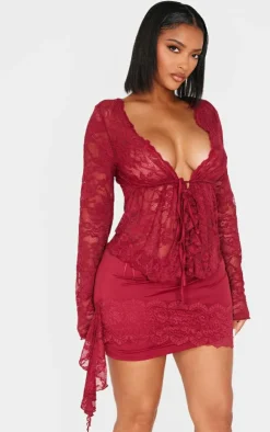PrettyLittleThing Shape Drape Lace Side Mini Skirt Red