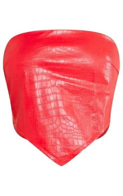 Online PrettyLittleThing Shape Faux Leather Croc Print Bandeau Crop Top Red