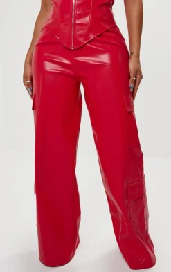 Best PrettyLittleThing Shape Faux Leather Straight Leg Cargo Pants Red