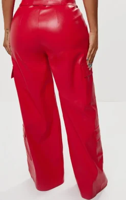 Best PrettyLittleThing Shape Faux Leather Straight Leg Cargo Pants Red