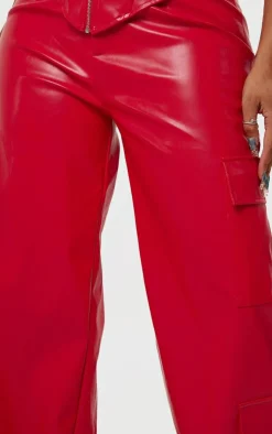 Best PrettyLittleThing Shape Faux Leather Straight Leg Cargo Pants Red