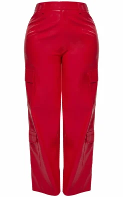 Best PrettyLittleThing Shape Faux Leather Straight Leg Cargo Pants Red