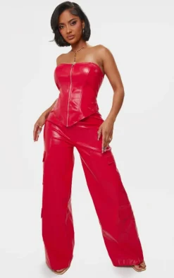 Outlet PrettyLittleThing Shape Faux Leather Zip Front Corset Red