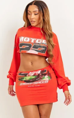 Sale PrettyLittleThing Shape Graphic Motorsport Mini Skirt Red