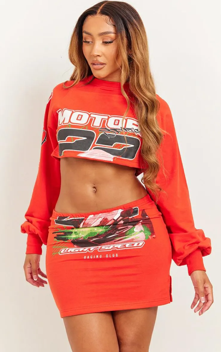 Sale PrettyLittleThing Shape Graphic Motorsport Mini Skirt Red
