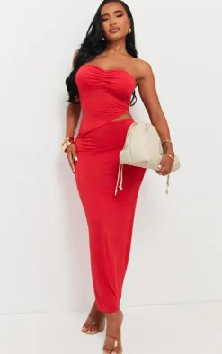 Discount PrettyLittleThing Shape Jersey Bandeau Asymmetric Hem Top Red