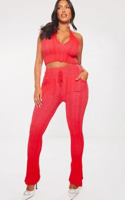 Hot PrettyLittleThing Shape Knit Contrast Drawstring Flares Red