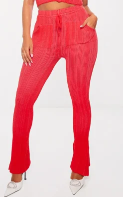 Hot PrettyLittleThing Shape Knit Contrast Drawstring Flares Red