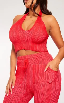 Hot PrettyLittleThing Shape Knit Contrast Drawstring Flares Red
