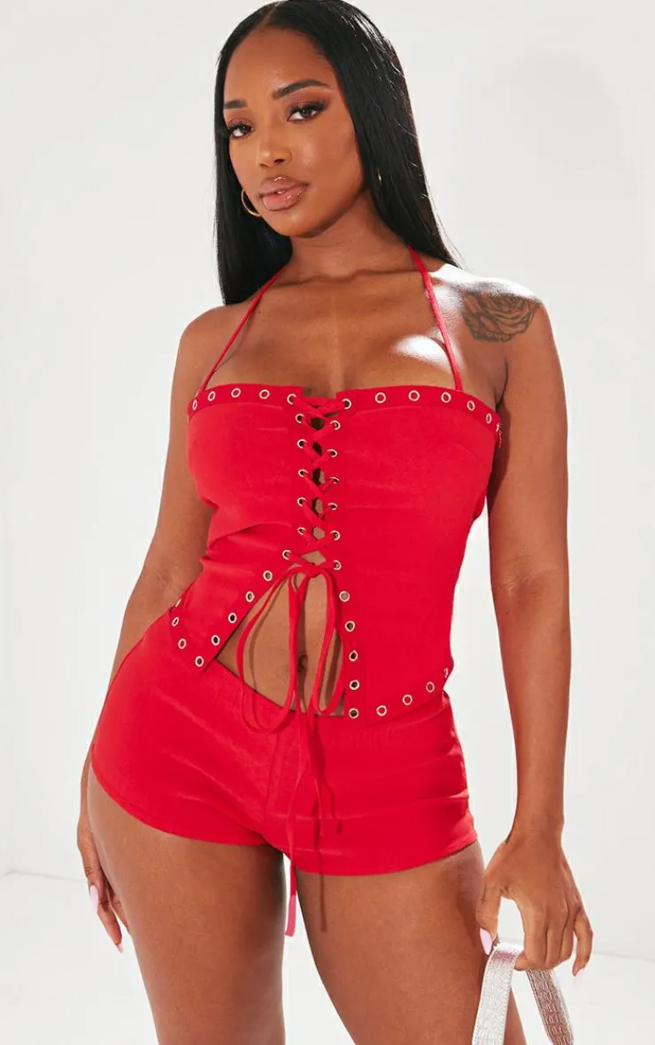 Best PrettyLittleThing Shape Red Lace Up Detail Corset Washed Red