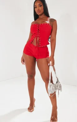 Best PrettyLittleThing Shape Red Lace Up Detail Corset Washed Red