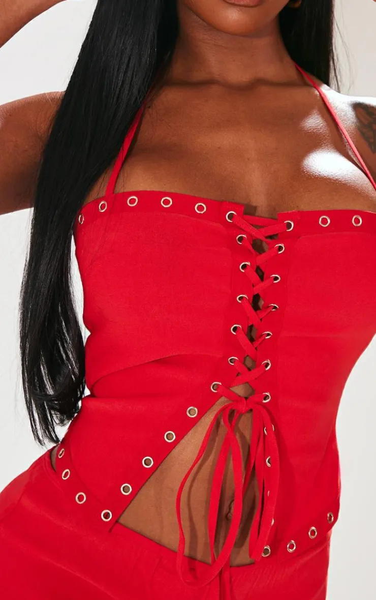 Best PrettyLittleThing Shape Red Lace Up Detail Corset Washed Red