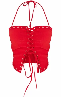 Best PrettyLittleThing Shape Red Lace Up Detail Corset Washed Red