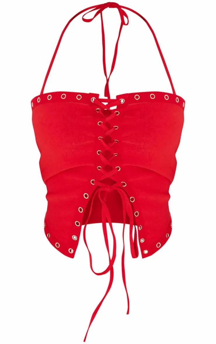 Best PrettyLittleThing Shape Red Lace Up Detail Corset Washed Red