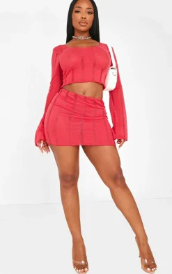 Sale PrettyLittleThing Shape Red Ladder Knit Micro Mini Skirt Bright Red