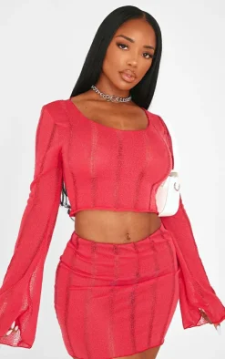 Sale PrettyLittleThing Shape Red Ladder Knit Micro Mini Skirt Bright Red