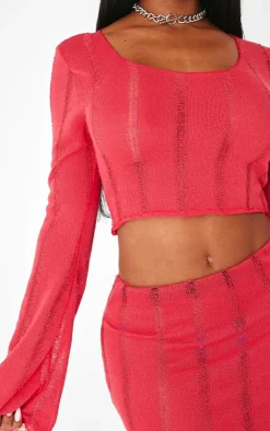 Sale PrettyLittleThing Shape Red Ladder Knit Micro Mini Skirt Bright Red