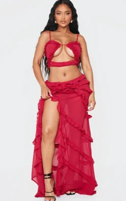 New PrettyLittleThing Shape Low Rise Frill Detail Front Split Maxi Skirt Red