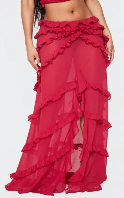 New PrettyLittleThing Shape Low Rise Frill Detail Front Split Maxi Skirt Red