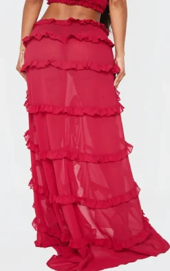 New PrettyLittleThing Shape Low Rise Frill Detail Front Split Maxi Skirt Red