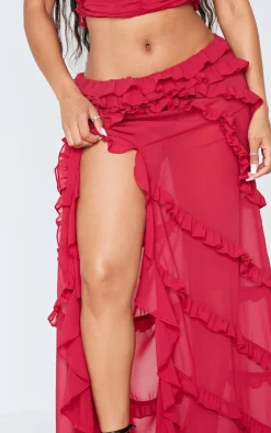 New PrettyLittleThing Shape Low Rise Frill Detail Front Split Maxi Skirt Red