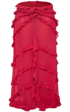 New PrettyLittleThing Shape Low Rise Frill Detail Front Split Maxi Skirt Red