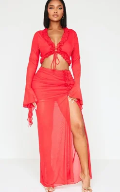 Sale PrettyLittleThing Shape Low Rise Frill Detail Side Split Maxi Skirt Red