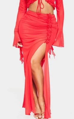 Sale PrettyLittleThing Shape Low Rise Frill Detail Side Split Maxi Skirt Red