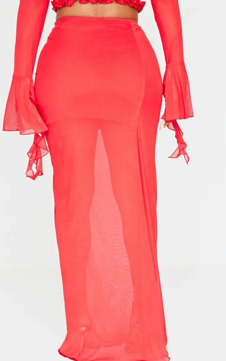 Sale PrettyLittleThing Shape Low Rise Frill Detail Side Split Maxi Skirt Red